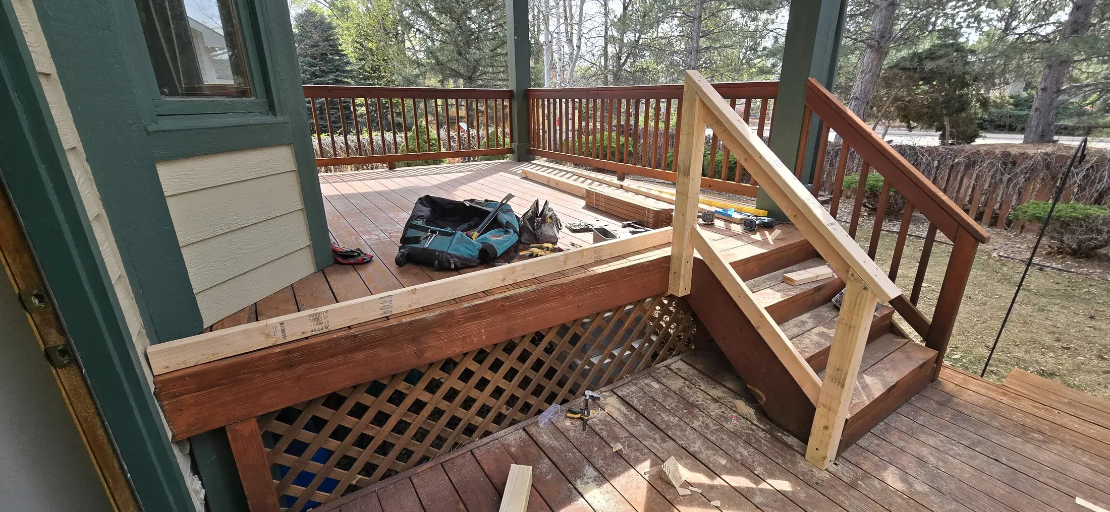 Deck railing and stair area during wood repair work